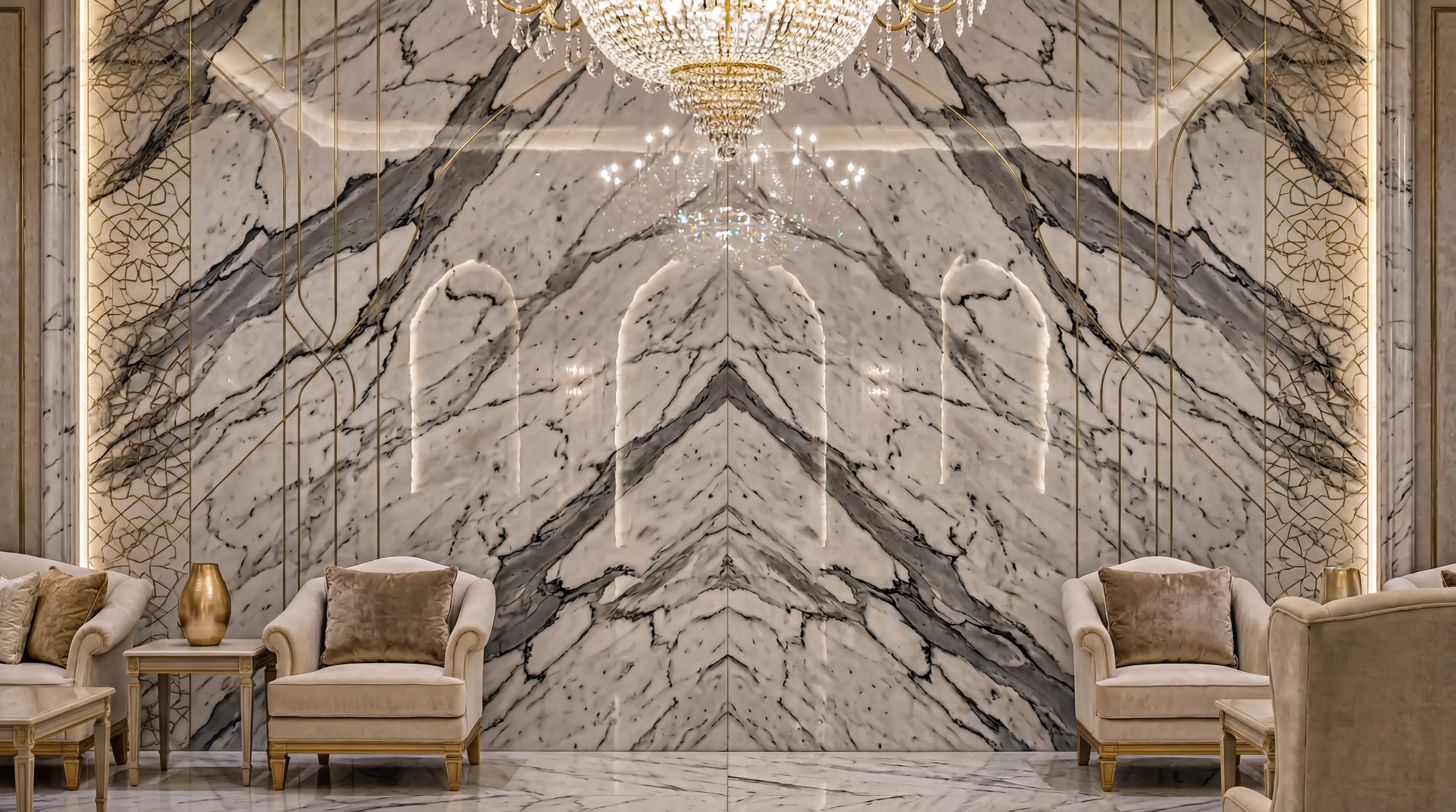 The integration of marble and gold in the halls of luxurious palaces